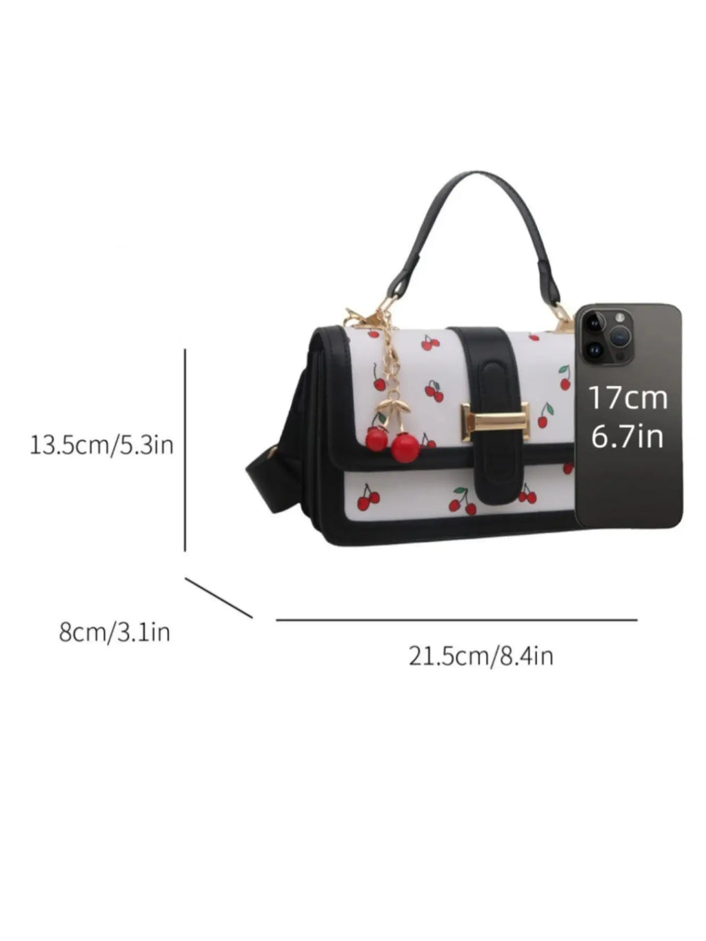 Cherry Print Satchel Handbag, Hand Shoulder Bag with Cherry Pendant Charm, Elegant Women'S Purse for Parties & Daily Use, Perfect for Office & Casual, Casual Trendy Purse