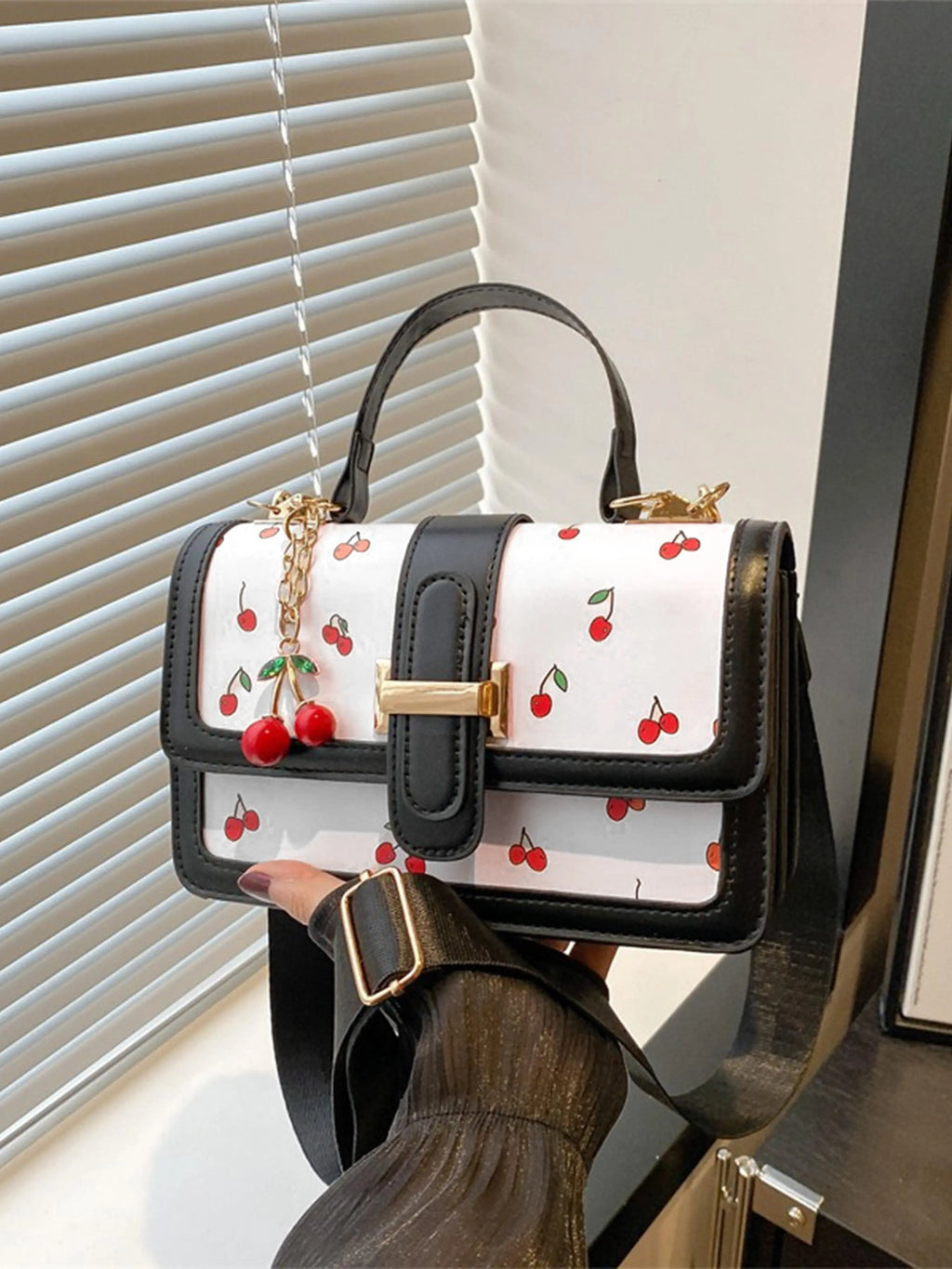 Cherry Print Satchel Handbag, Hand Shoulder Bag with Cherry Pendant Charm, Elegant Women'S Purse for Parties & Daily Use, Perfect for Office & Casual, Casual Trendy Purse