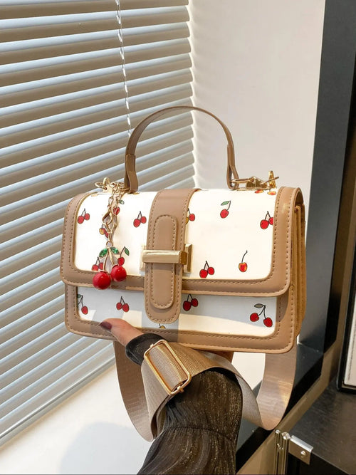 Cherry Print Satchel Handbag, Hand Shoulder Bag with Cherry Pendant Charm, Elegant Women'S Purse for Parties & Daily Use, Perfect for Office & Casual, Casual Trendy Purse