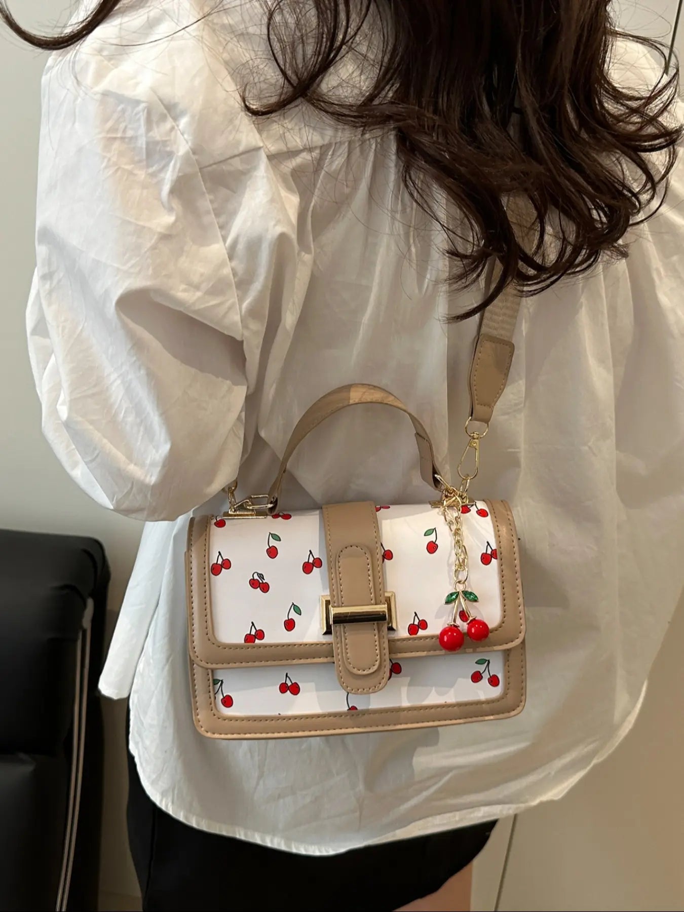 Cherry Print Satchel Handbag, Hand Shoulder Bag with Cherry Pendant Charm, Elegant Women'S Purse for Parties & Daily Use, Perfect for Office & Casual, Casual Trendy Purse