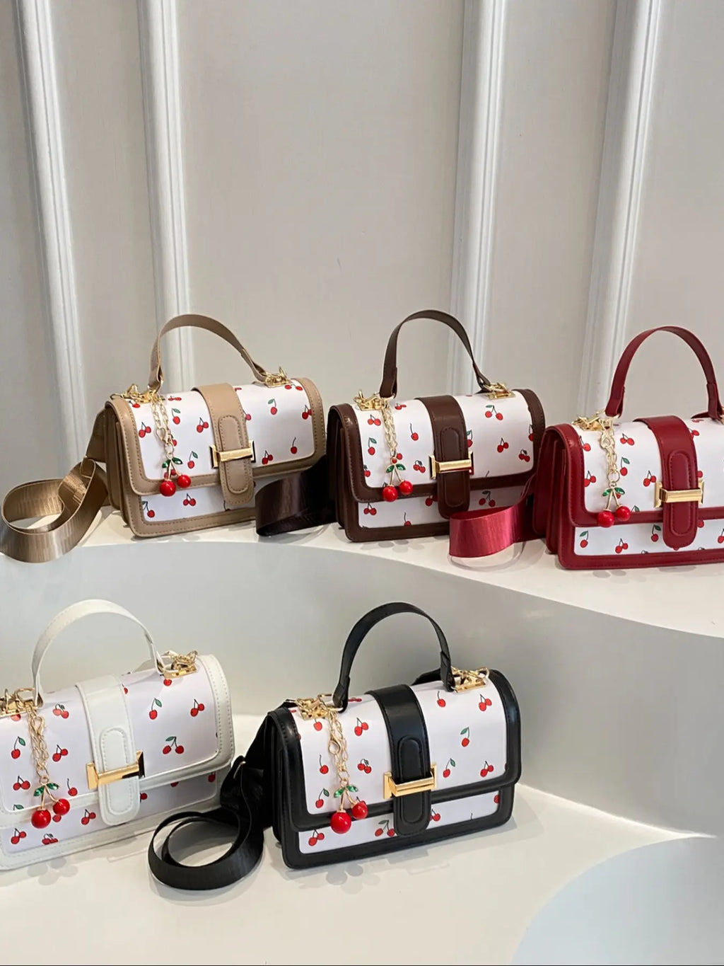 Cherry Print Satchel Handbag, Hand Shoulder Bag with Cherry Pendant Charm, Elegant Women'S Purse for Parties & Daily Use, Perfect for Office & Casual, Casual Trendy Purse