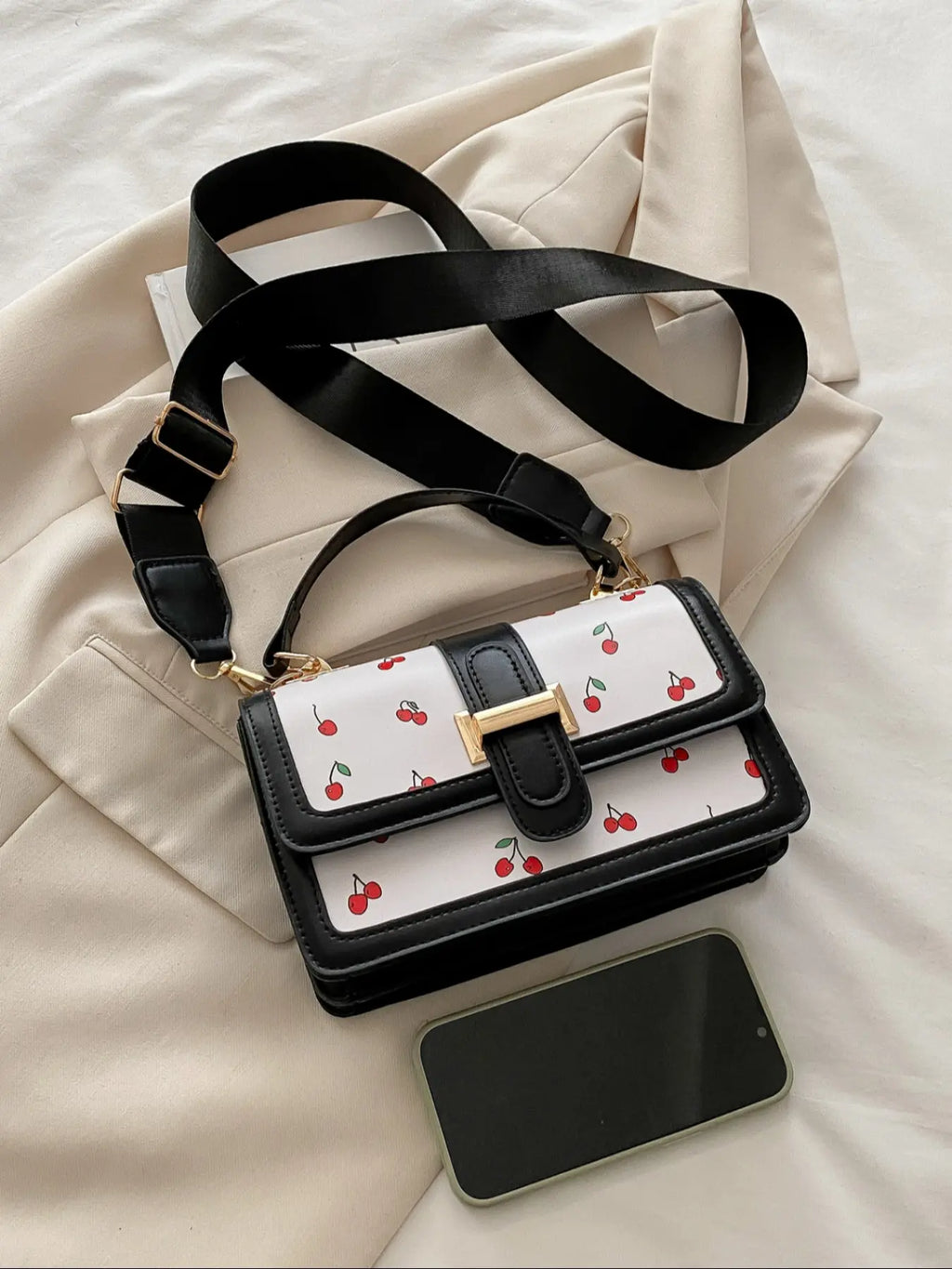 Cherry Print Satchel Handbag, Hand Shoulder Bag with Cherry Pendant Charm, Elegant Women'S Purse for Parties & Daily Use, Perfect for Office & Casual, Casual Trendy Purse