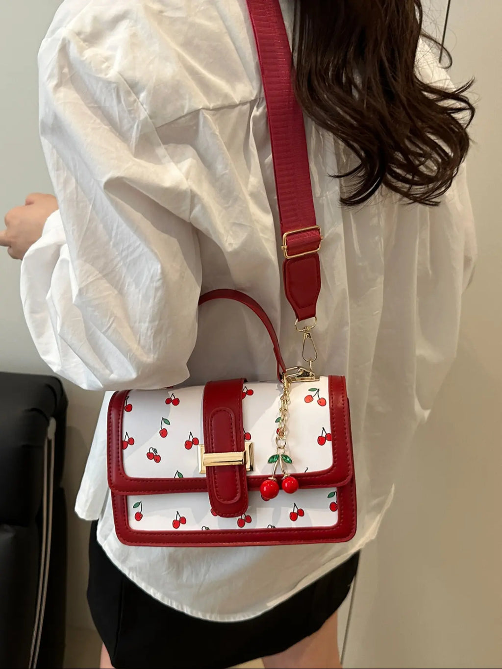 Cherry Print Satchel Handbag, Hand Shoulder Bag with Cherry Pendant Charm, Elegant Women'S Purse for Parties & Daily Use, Perfect for Office & Casual, Casual Trendy Purse