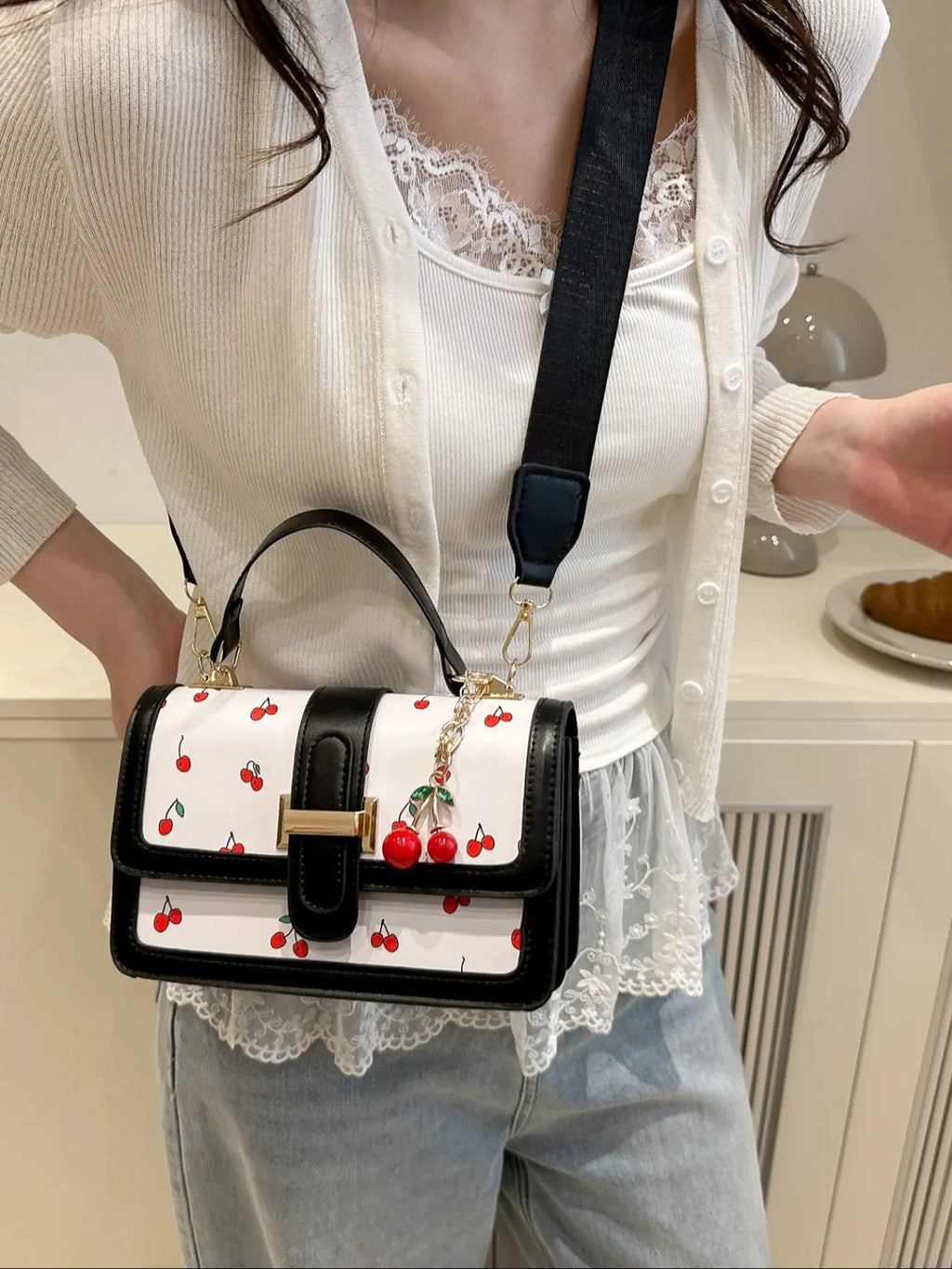 Cherry Print Satchel Handbag, Hand Shoulder Bag with Cherry Pendant Charm, Elegant Women'S Purse for Parties & Daily Use, Perfect for Office & Casual, Casual Trendy Purse